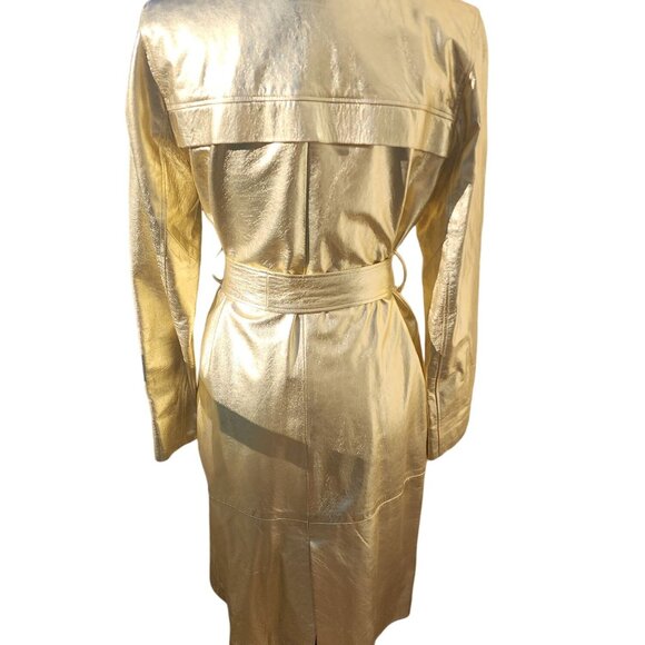 ⭐Luxury Designer Stylish Gold Real Genuine Leather Glamorous Jacket Coat Trench - Picture 15 of 16